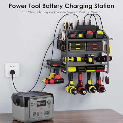 Power Tool Organizer Wall Mount with Charging Station, 4 Layer Storage Rack and Tool Holder for Garage Organization, 6 Drill Holder Wall Mount, 4 Hooks and 6 Outlet Power Strip, Great Men's Gift
