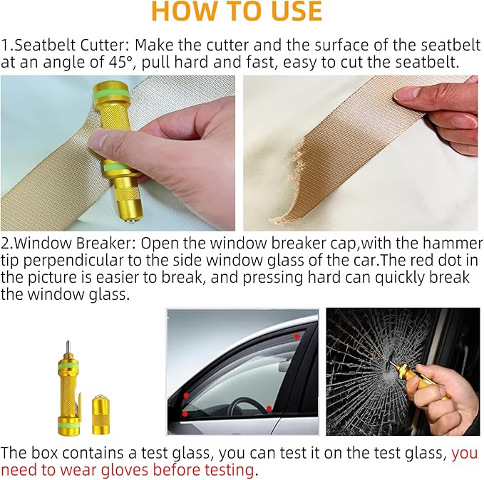 Allelic Car Window Breaker Tool, Window Breaker Seatbelt Cutter, Window Breaker, Glass Breaker, Spring-Loaded Window Breaker for Land & Underwater (Gold, 2 PCS)