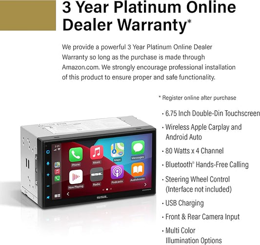 Sound Storm Laboratories DD999ACPW Wireless Apple CarPlay Android Auto Car Multimedia Player - Double-Din, 6.75 Inch Capacitive Touchscreen, Bluetooth, USB, No CD DVD Player, Multi-Color Illumination