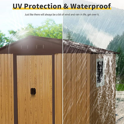 4x8 FT Outdoor Storage Shed, Metal Garden Shed with Frame Floor, Outside Tool Shed with Window, Waterproof Storage Building with Lockable Sliding Doors & Sloped Roof for Backyard, Patio, Coffee