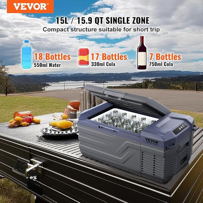 VEVOR 12 Volt Car Refrigerator Fridge, 15 L Single Zone Portable Freezer, -4℉-68℉ Adjustable Range, 12/24V DC and 100-240V AC Compressor Cooler for Outdoor, Camping, RV, Grey