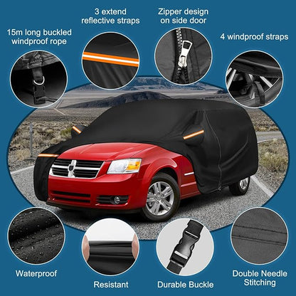 Car Cover for 1984-2020 Dodge Grand Caravan,Chrysler Grand Voyager,1984-2000Plymouth Grand Voyager, Waterproof 210D Oxford Cloth and Cotton Cover Outdoor Full Car Covers