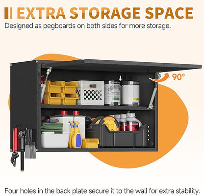 Metal Garage Wall Cabinet with Up-Flip Door, Black Float Tool Cabenit with Adjustable Shelf,Upper Storage Cabinets with Pegboard for Kitchen,Garage,Workshop,Warehouse (19.7" H,Black)