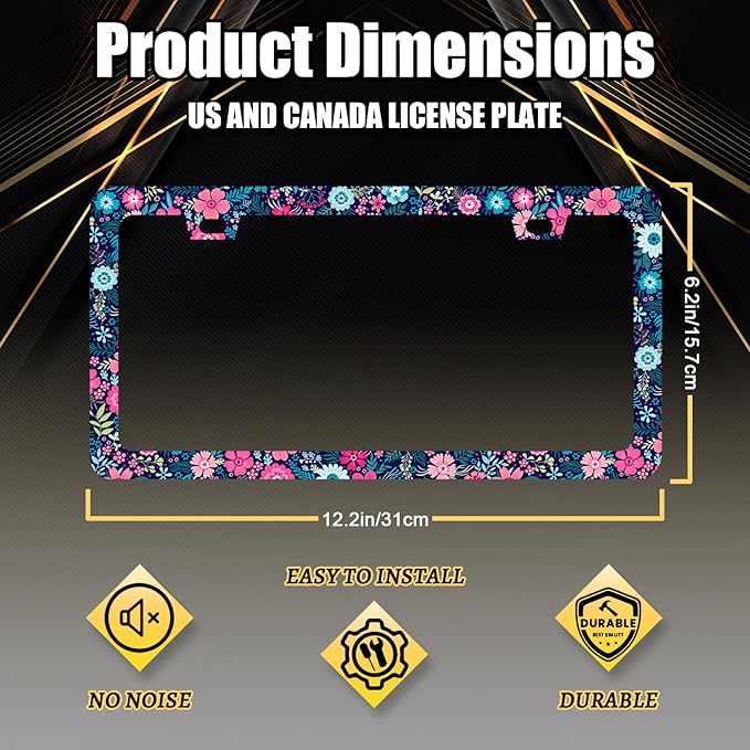 Colorful Flowers License Plate Frame Beautiful Floral Flower License Plate Holder for Women Car Decorative Stainless Steel Cute License Plate Flowers Auto Parts with Screws 12.2"x 6.2"