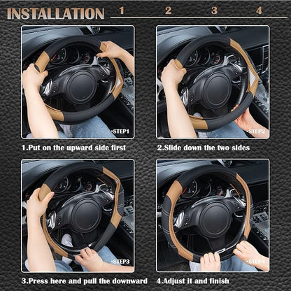CAR PASS Line Rider Microfiber Leather Sporty 14.5-15 inch Steering Wheel Cover Universal Fits for 95% Truck,SUV,Cars, Anti-Slip Safety Comfortable Design (Black Beige)