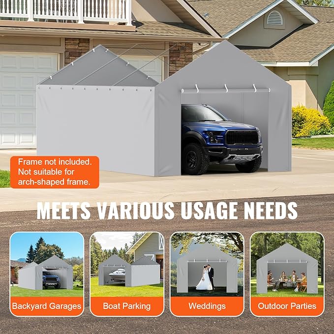 VEVOR Carport Replacement Canopy Cover Side Wall 12 x 20 ft, Garage Tent Shelter Tarp Heavy-Duty Waterproof & UV Protected, Easy Installation with Ball Bungees,Grey (Top and Frame Not Included)