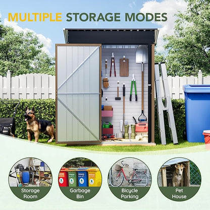 5x3FT Vertical Outdoor Steel Storage Shed, Lockable Doors, Compact Metal Tool Shed for Garden, Backyard, Patio, Utility, and Bike Storage,Brown