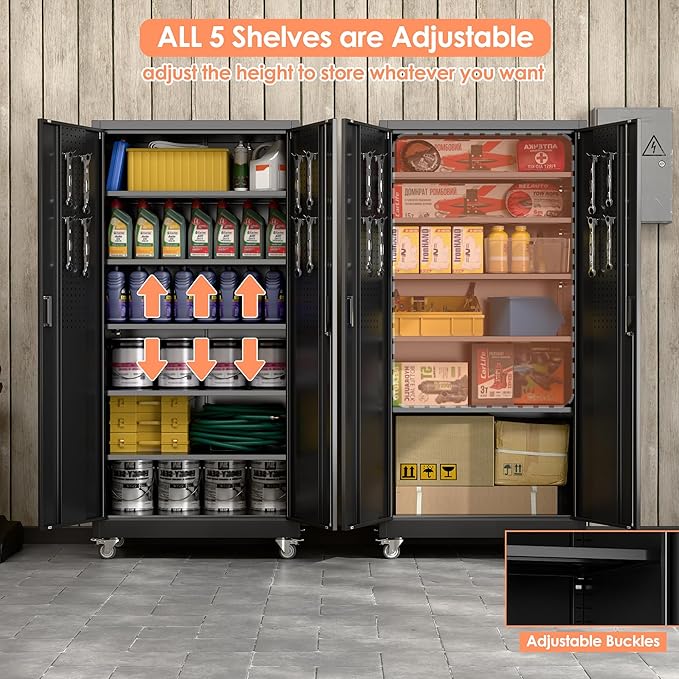 71" H×32" W×16" D Garage Storage Cabinet with Wheels, Locking Metal Storage Cabinet with 5 Adjustable Shelves, 4 Hooks and Pegboard for Garage, Home Office, Kitchen, Black, Assembly Required
