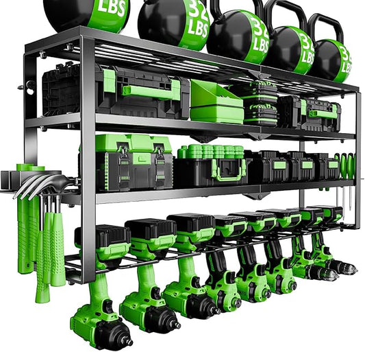 Power Tool Organizer Wall Mount, 4 Layers Tool Storage Rack with 8 Cordless Drill Holders, Power Tool Shelf Loads 400lbs for Garage, Warehouse, Workshop, Gifts for Men, Husband (Bohemian)