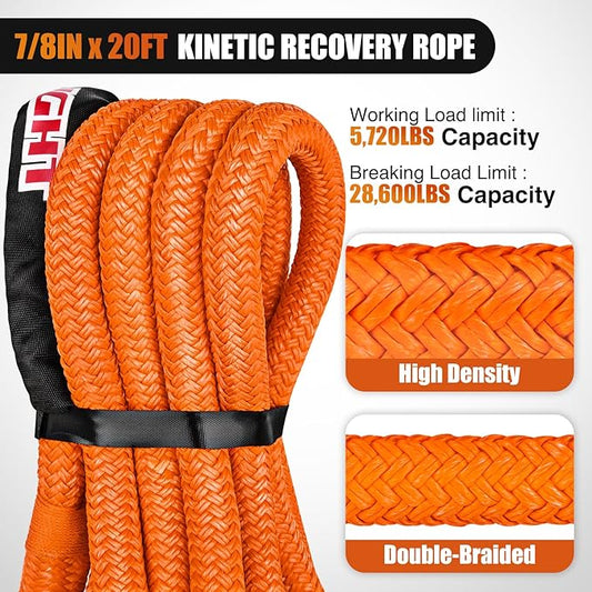 Nilight Kinetic Recovery Rope 28,600LBS 7/8" x 20ft Snatch Strap Heavy Duty Offroad Towing Strap Kit Vehicle Recovery kit for UTV ATV SUV Truck Car Jeep Tractor