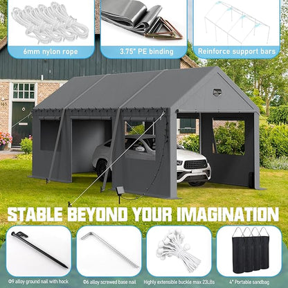 10x20 Carport, Heavy Duty Carport Canopy Garage with Removable Sidewalls and Drive Through Roll Up Zipper Doors & Side Doors, Grey