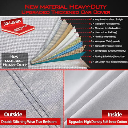 30 Layers Heavy Duty Car Cover for Automobiles All Weather Waterproof, Outdoor Snowproof UV Protection Windproof, Door Zipper, Soft Cotton Universal Car Covers (Silver, Fit Sedans 171"-180")