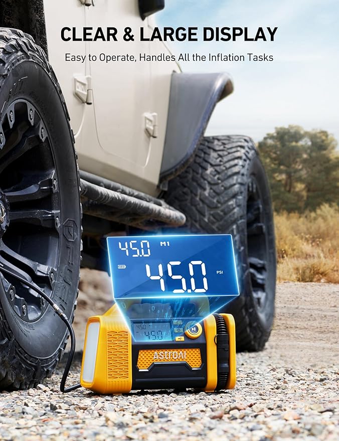 AstroAI TC3 Air Compressor Portable Tire Inflator Offroad Air Compressor for Truck 150PSI with Digital Display Air Pump for Car Heavy Duty for 4x4 Vehicle, RV, SUV, Car Accessories Yellow
