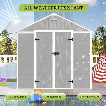 MyVoice 8x8 FT Outdoor Resin Storage Shed with HD Window, Rustproof Waterproof Garden Tool Shed, 12mm Thickened PP Panels, Large Capacity Outdoor Utility House for Backyard Patio (with Floor)