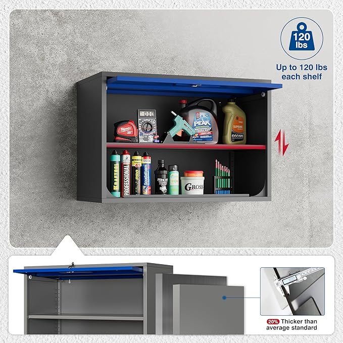 Metal Storage Cabinet Blue&Gray Wall Cabinets with Shelf and Locking Door - Wall Mounted Storage Cabinet for Garage Warehouse Home Office - Assembly Required