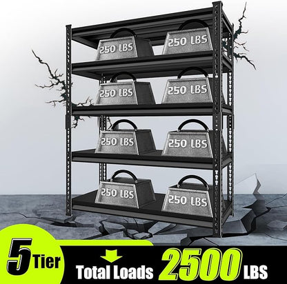 Garage Shelving Heavy Duty 2500LBS Loads, 48" W Adjustable Garage Storage Shelves, 5-Tier Metal Shelving Units and Storage, Industrial Utility Shelf, 48" Wx18 Dx78 H,Black