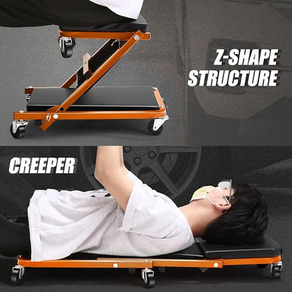 PM PERFORMOTOR 36 Inches Folding 2 in 1 Rolling Z Creeper, Adjustable Roller Garage Chair Lay Down or Sit, 6 Pcs 2" Casters, 150kg Weight Capacity, OrangePM-TOL-CPS36-OG