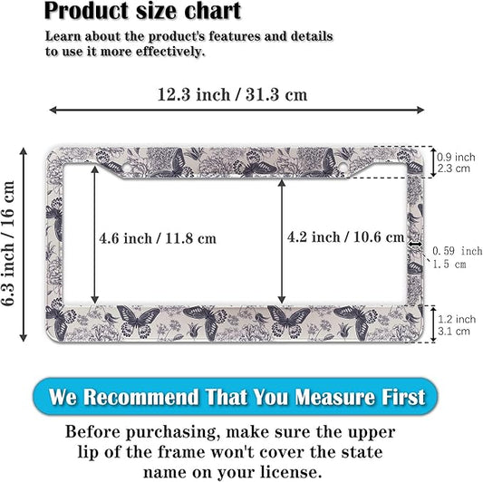 Automotive Exterior Accessories Black and White License Plate Frames Butterfly Flowers Universal Aluminum Car Accessory 2 Pack with Screw Covers Set