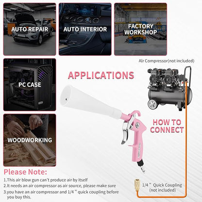 XIAOFENG Tornado Dry Cleaning Gun Detailing Interior Dryer Air Blow Gun with 2 Set Nozzle High Pressure Car Drying Blower Gun for Women Car Quickly Blasts Dirt and Dust from Surface Pink