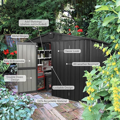 IKERY Galvanized Steel Storage Shed - 8.2' x 6.2' with Lockable Door, Large Metal Garden Shed for Bikes, Trash Cans and Outdoor Storage, Suitable for Backyard and Patio, Dark Gray