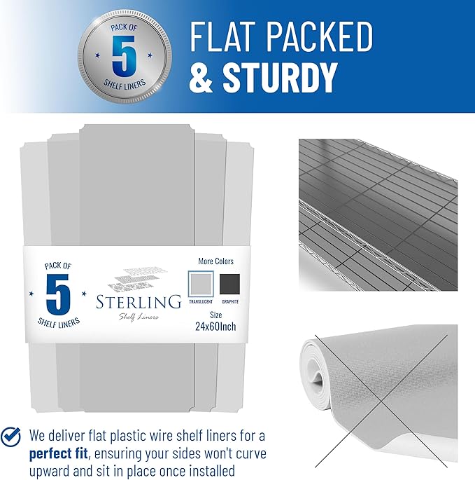 Shelf Liners for Wire Shelf System: Set of 5 in Clear: 24 x 60 inch: Plastic Wire Shelving Shelf Mats