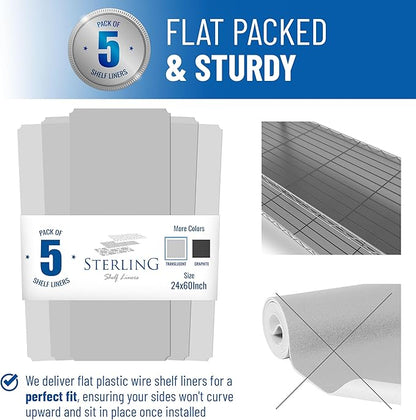 Shelf Liners for Wire Shelf System: Set of 5 in Clear: 24 x 60 inch: Plastic Wire Shelving Shelf Mats