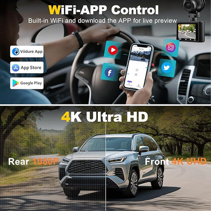 Dash Camera, 4K/1080p Dash Camera Front and Rear, Built-in 5GWiFi, Dash Cam with 64GB SD Card, Full HD 2.0” IPS Screen, for App Control, G-Sensor, Loop Recording, and Parking Mode