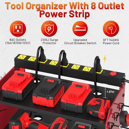 Power Tool Organizer Wall Mount wtih Charging Station,4 Drill Holder Wall Mount with 8 Outlet Power Strip,3 Layers Heavy Duty Tool Rack with Hooks,Screwdriver Organizer in Workbench,Garage
