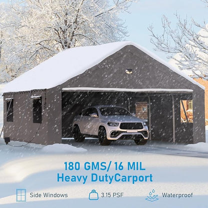 20x20 Carport, Heavy Duty Carport Canopy Garage with Removable Sidewalls and Drive Through Roll Up Zipper Doors, Grey