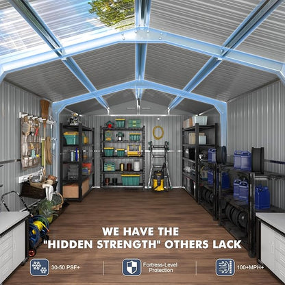 Metal Shed 10x16 FT Large with Customizable Skylight and Reinforced Steel Frame, Heavy-Duty Galvanized Steel Big Garden Sheds with Lockable Doors,4 Pane Windows, Large Utility Tool Sheds