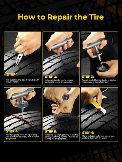Tire Repair Kit with Plugs Fix Punctures & Plug Flats with Ease - Heavy Duty Flat Tire Puncture Repair Kit for Car, Motorcycle, ATV, UTV, RV, Trailer, Tractor, Jeep, Etc
