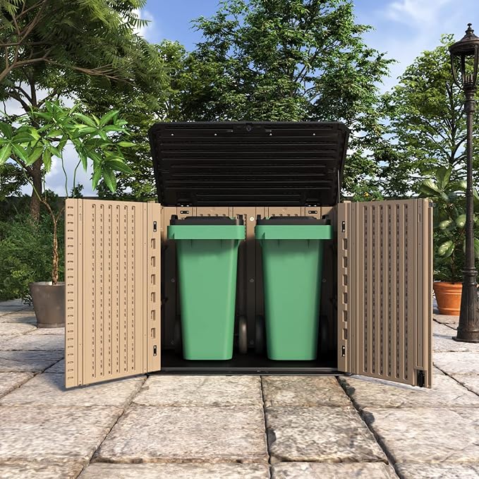 ADDOK 26 Cu.ft Outdoor Storage Shed Multi-Function, Lockable Horizontal Storage Unit Weather Resistance, Thick HDPE Resin Storage Cabinet for Backyards, Patio, Garden(Brown)