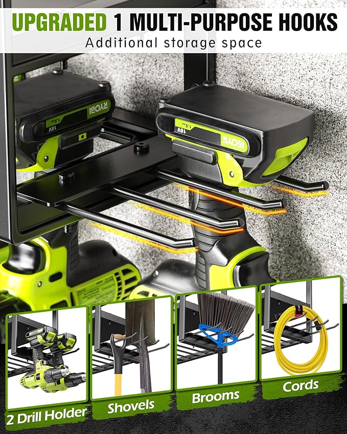 MAXIFFE 4 Layer Power Tool Organizer Wall Mount, Heavy Duty Metal Cordless Tool Organizers and Storage Rack Holder with 9 Drill Holders for Garage Storage Organization, Gifts for Men, Black, 26 inch