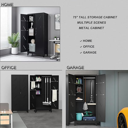 75" Taller Metal Garage Storage Cabinet,Tool Chest, Large Office Storage Cabinet with Lock Doors, Stainless Steel Bottom Plate with Holes,Utility Room Organization(H75* D16.53*L33.85)(Black)