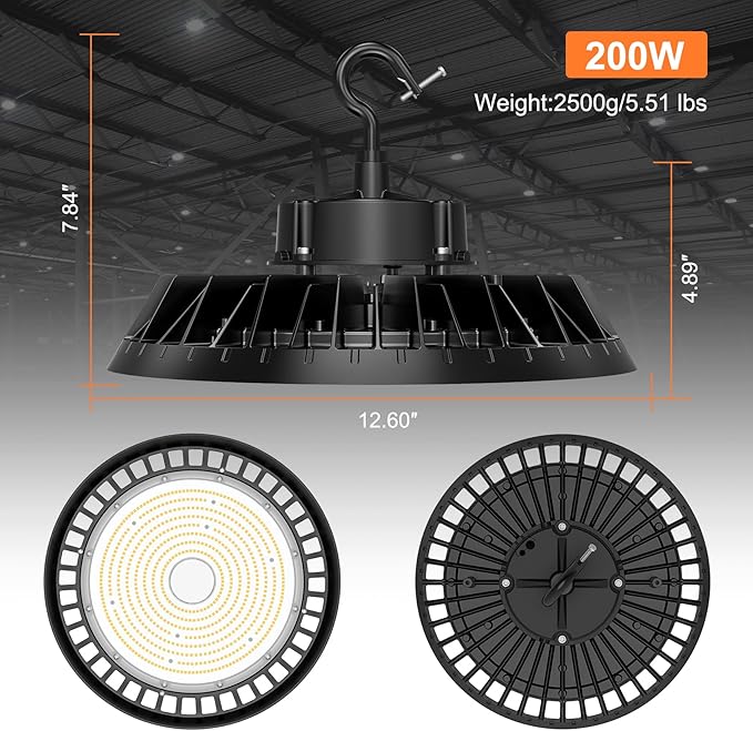 LED High Bay Lights, Super Bright 200W UFO High Bay LED Shop Lights, 30000LM 5000K, 0-10V Dimmable, 5' Cable Plug, IP65 Waterproof, ETL Listed Plug & Play Lighting High Bay for Gym Factory Warehouse