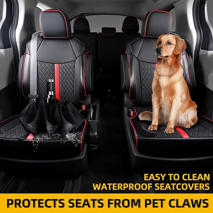 Custom Fit Sienna Seat Covers for Toyota Sienna LE,XLE 2021-2025 3-Row Accessories Full Coverage Waterproof Leather Car Seat Covers Full Set (Black with red, 8-Seat)