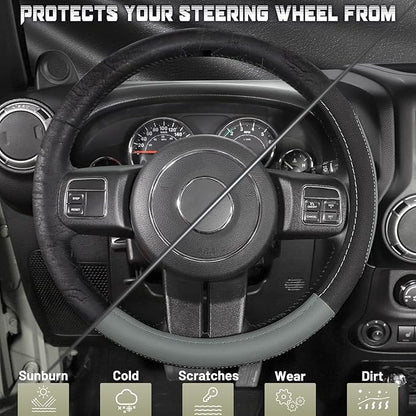SEG Direct Car Steering Wheel Cover for F-150 Tundra Range Rover 15.5-16 inch, Black and Gray Microfiber Leather