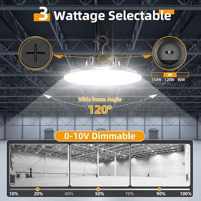 9 Pack 480V LED High Bay Light UL DLC Listed UFO Light 150W 100W 80W Adjustable, Dimmable High Bay LED Shop Lights 5000K Daylight, IP65 Commercial Bay Lighting for Warehouse Factory