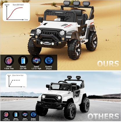 Kids Electric Vehicle, 12V Battery Powered Ride On Car with 2.4G Remote Control, Electric Car for Kids, 3 Speed Ride On Toy, Soft Start, LED Lights, Bluetooth, White