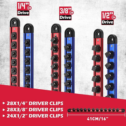 Magnetic Socket Holder Organizer Set: 6-Piece Detachable 1/4, 3/8, 1/2 Socket Trays Socket Organizer for Tool Box Drawer Holds 80-Piece Standard Size Sockets for Automotive Mechanic Garage(Red Blue)