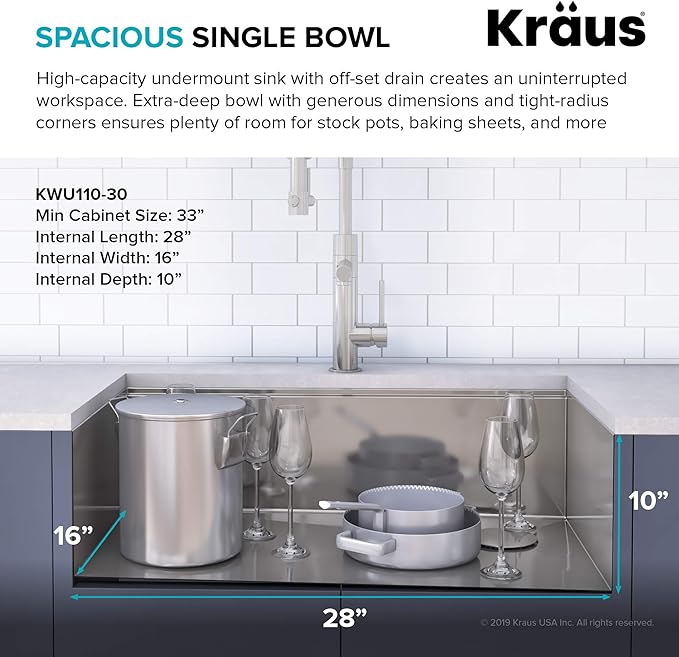 KRAUS Kore Workstation 30-inch Undermount 16 Gauge Stainless Kitchen Sink, Single Bowl Kitchen Sink with 1 HP Garbage Disposal,KWU110-30-100-100MB