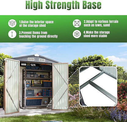 Aoxun 6'x4' Outdoor Storage Shed with Base Galvanized Steel Metal Garden Shed for Patio, Lawn & Garden(Brown, 6' x 4'W/Base)