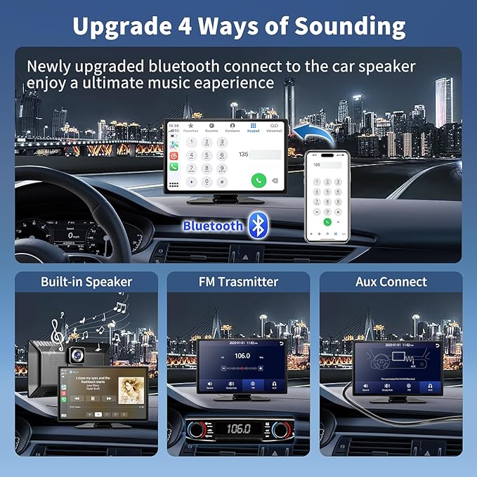 Carplay Screen for Car, 9" Portable Wireless Carplay Screen with 4K Dash Cam, 1080P Backup Camera, Car Stereo for Carplay & Android Auto GPS Navigation/Bluetooth/Mirror Link/Voice Control/AUX/FM/Siri