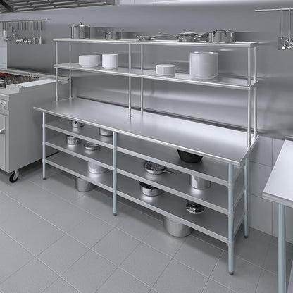 Amgood 24" x 60" Stainless Steel Work Table with 3 Shelves and 12" Wide Double Tier Overshelf | Metal Kitchen Prep Table & Shelving Combo | NSF
