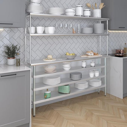 Amgood 14" x 72" Stainless Steel Work Table with 3 Shelves and 12" Wide Double Tier Overshelf | Metal Kitchen Prep Table & Shelving Combo | NSF
