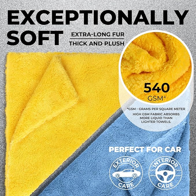 Edgeless Microfiber Towels for Cars – 6pk (12”x12”) - 540 GSM - Super Soft Detailing & Buffing – Scratch-Free & Absorbent Microfiber Cleaning Cloths for Car Polishing