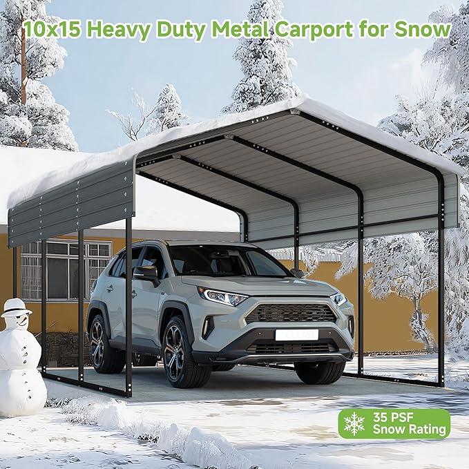 Real Relax 10x15FT Heavy Duty Metal Carport, Outdoor Carport Canopy with Galvanized Steel Roof and Reinforced Base for All-Weather, Garage Shelter Shade for Trucks, Boats, Party, Gray