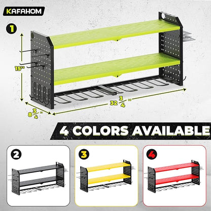 KAFAHOM Power Tool Organizer, Large 8 Drill Holder Wall Mount with 2 Side Pegboards, Heavy Duty Metal Tool Shelf with 12 Hooks, Storage Rack for Garage Organization, Utility Battery Shelves - Green