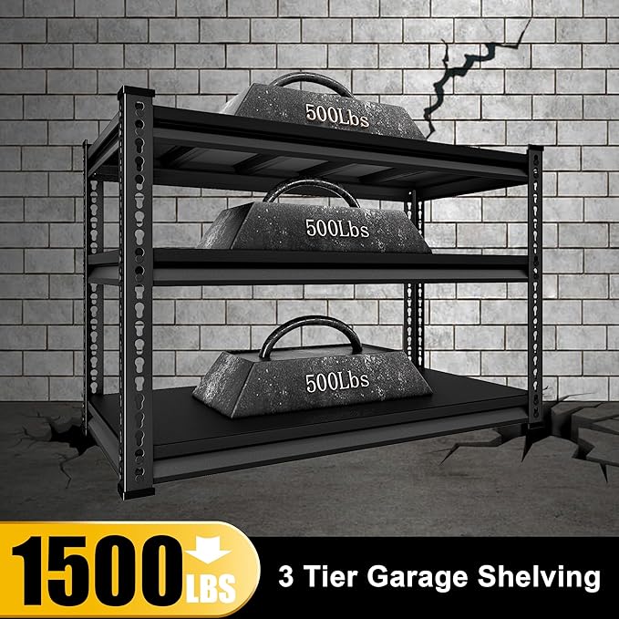 48" W Garage Shelving Heavy Duty, 1500LBS Loads Shelving Units and Storage Racks, 3-Tier Metal Garage Storage Shelves, Industrial Utility Shelf Heavy Duty,48" Wx16 Dx39 H, Black