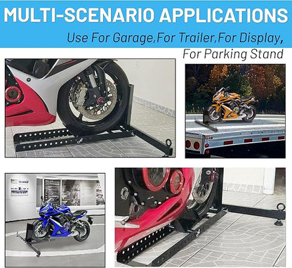 KUAFU Motorcycle Wheel Chock Stand Upright 1800 LBS, Wide Range 3“ to 5” Support Adjustable Heavy Duty Motorcycle Stand Front Wheel Tire Chock for Trailer/Truck/Garage Power Coated Steel